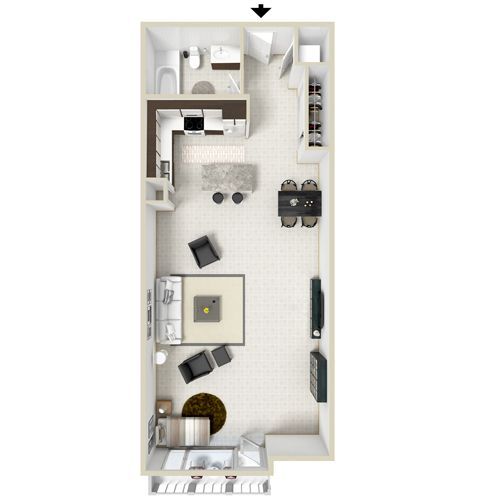 Floor plan of a studio apartment, featuring kitchen, bathroom, living area, and dining space.