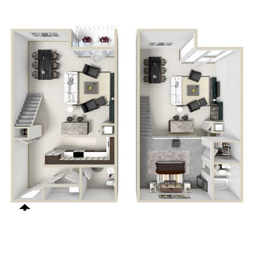 Floor plan of a two-story loft apartment with furniture layout.