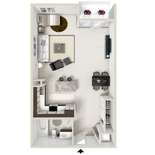 Floor plan of a studio apartment with kitchen, living area, and bathroom. Furnished with furniture.