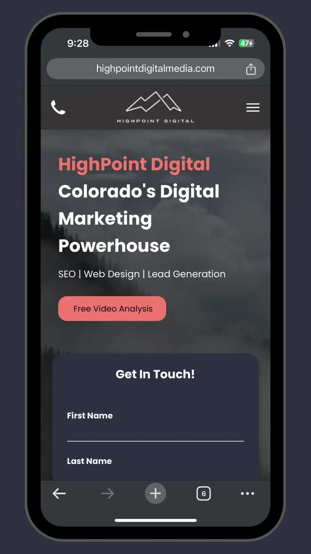 A cell phone is displaying a website for highpoint digital colorado 's digital marketing powerhouse.