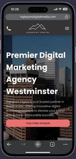 A phone screen shows a website for premier digital marketing agency westminster