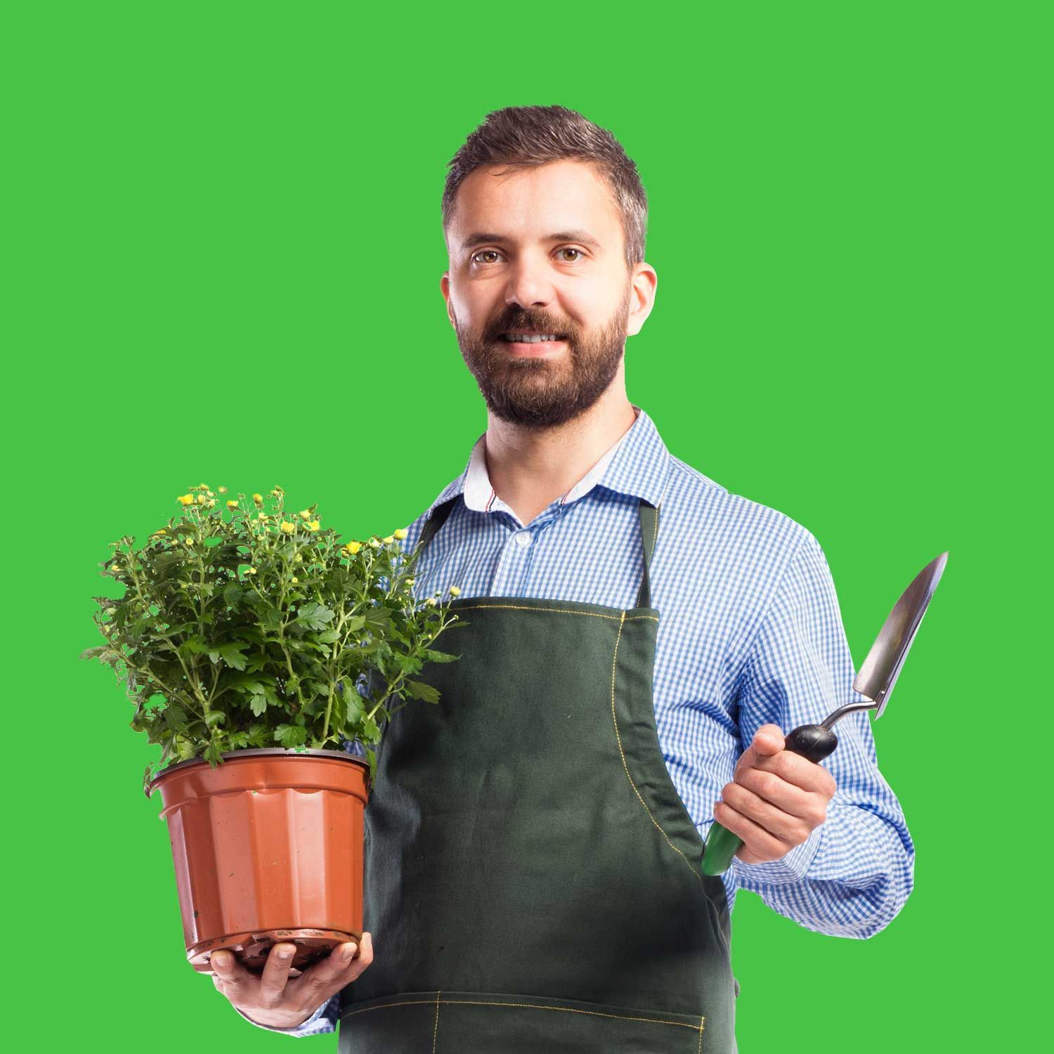 En mand i et forklæde holder en potteplante og en skovl.