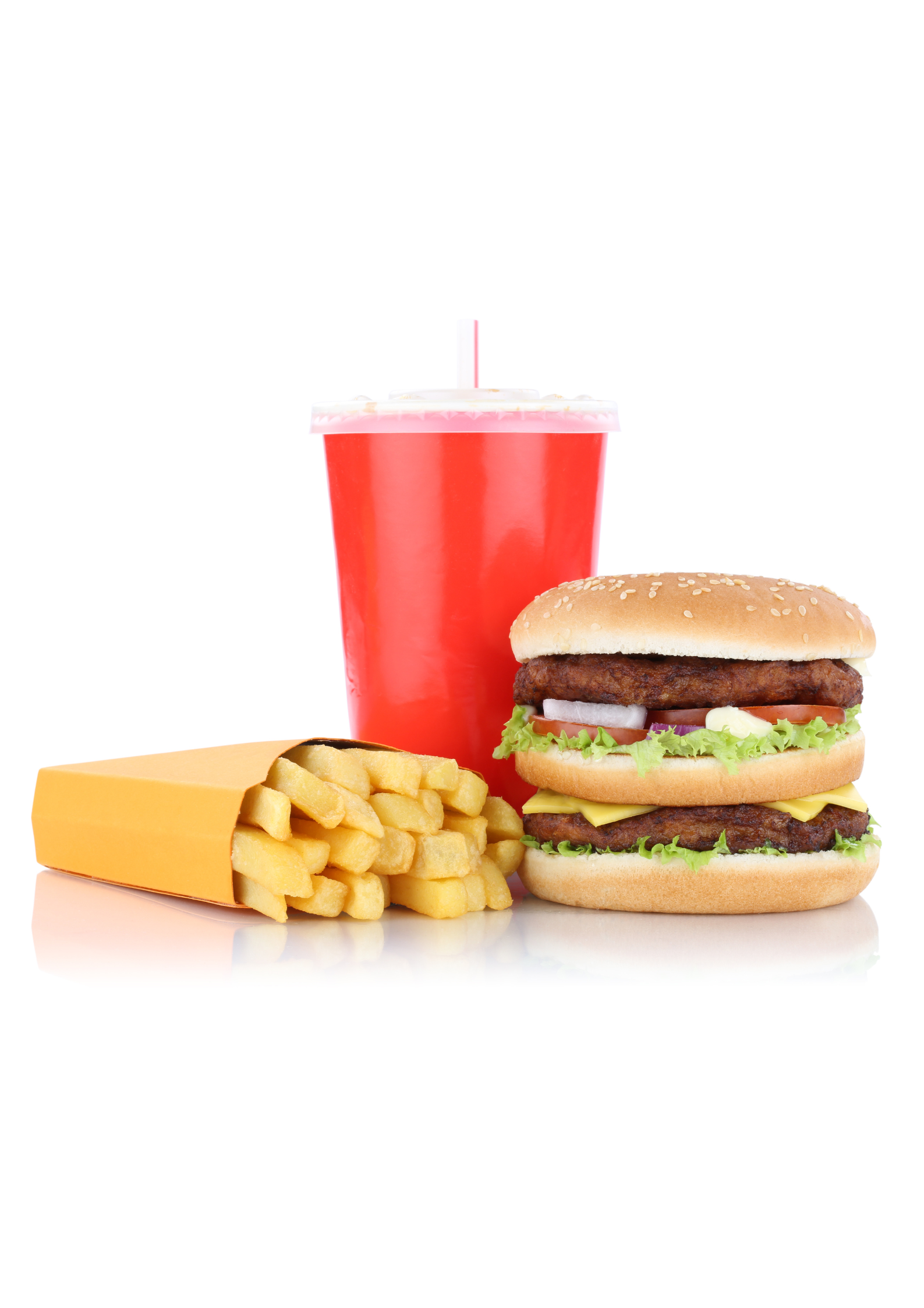 A hamburger , french fries , and a drink on a white background.