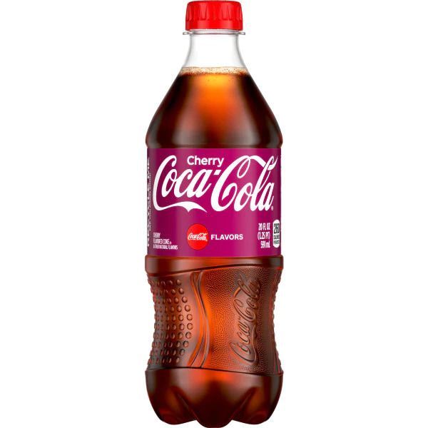 A bottle of cherry coca cola with a red cap