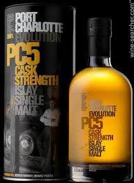 Bottle of Port Charlotte PC5 Cask Strength Islay Single Malt whisky at Devil's Elbow whiskey bar in Vancouver.