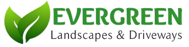 the logo for evergreen landscapes and driveways has a green leaf on it.