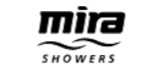 A black and white logo for mira showers on a white background.