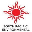 Red sun logo with swirling rays, "SOUTH PACIFIC, ENVIRONMENTAL" text below.