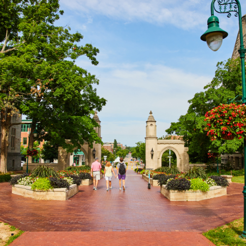 A couple of people walking down a brick walkway