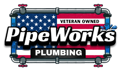 The logo for pipeworks plumbing is a veteran owned company