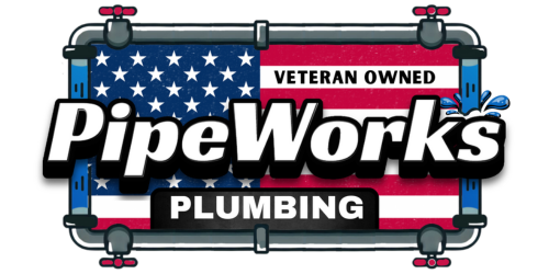 The logo for pipeworks plumbing is a veteran owned company