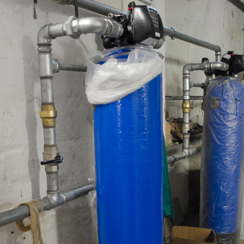 A blue tank with a white bag on top of it