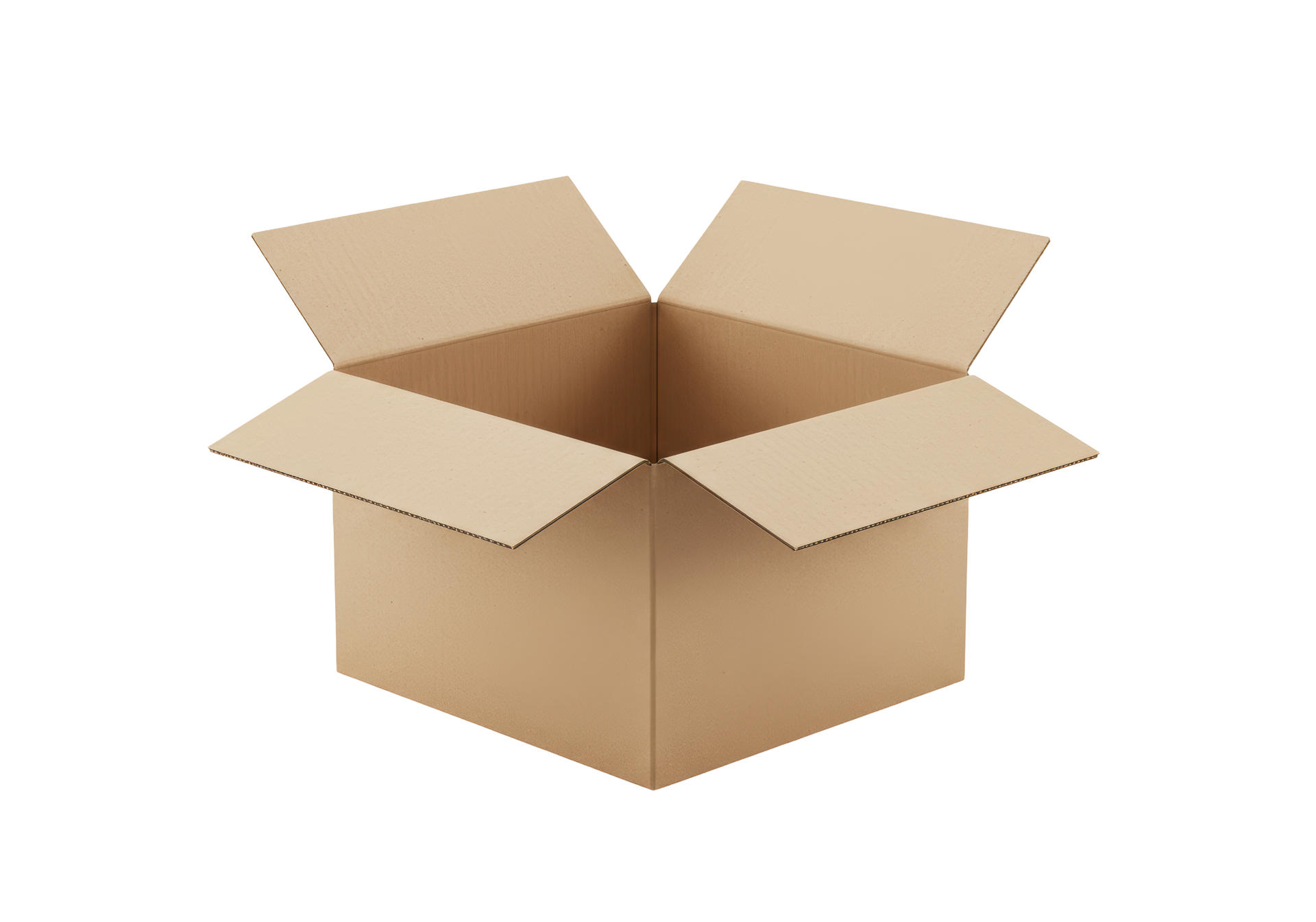 Open cardboard box with flaps unfolded, on white background.