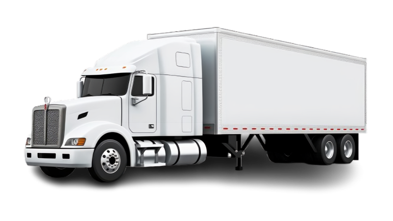 White semi-truck with attached trailer, parked.