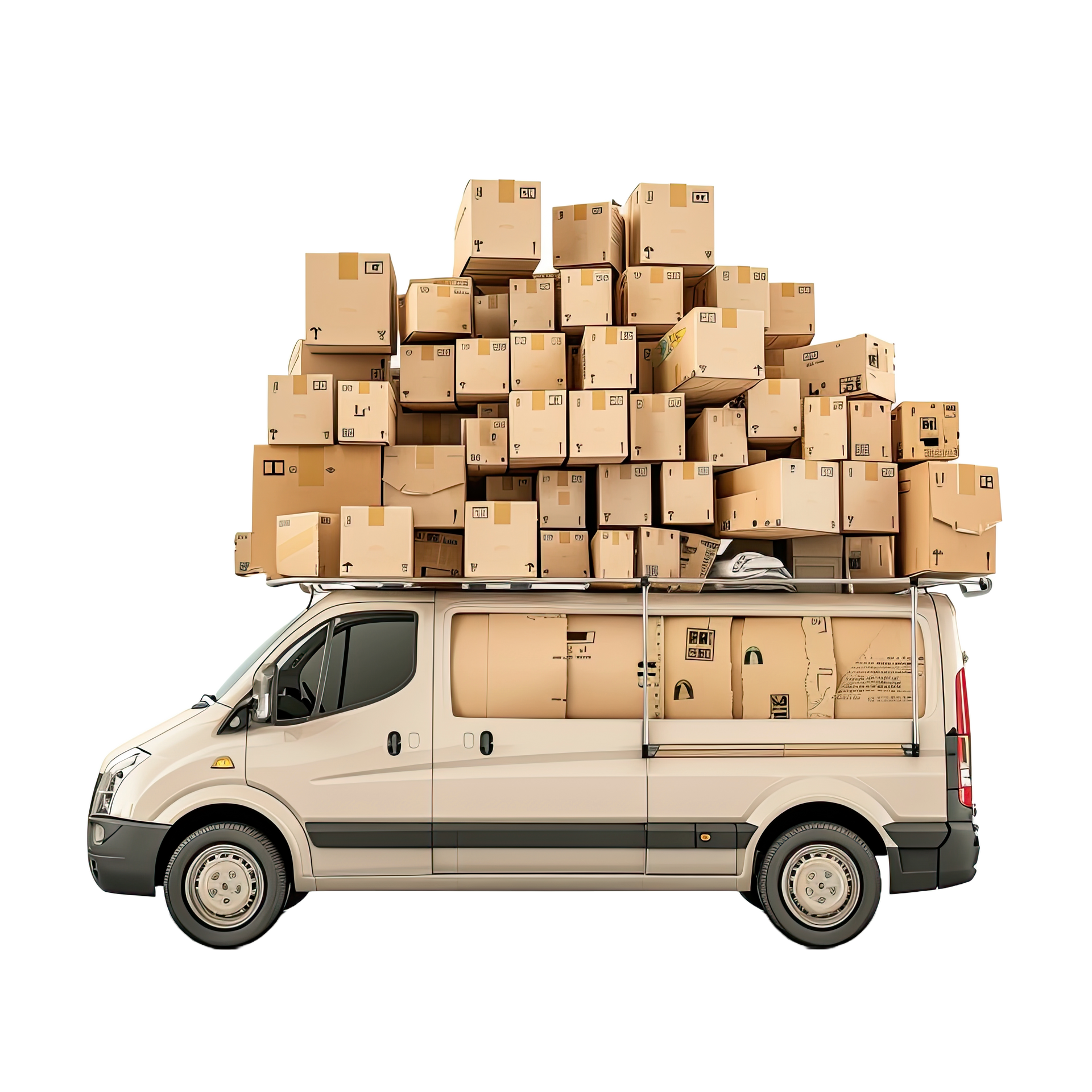 Delivery van overloaded with stacked cardboard boxes.