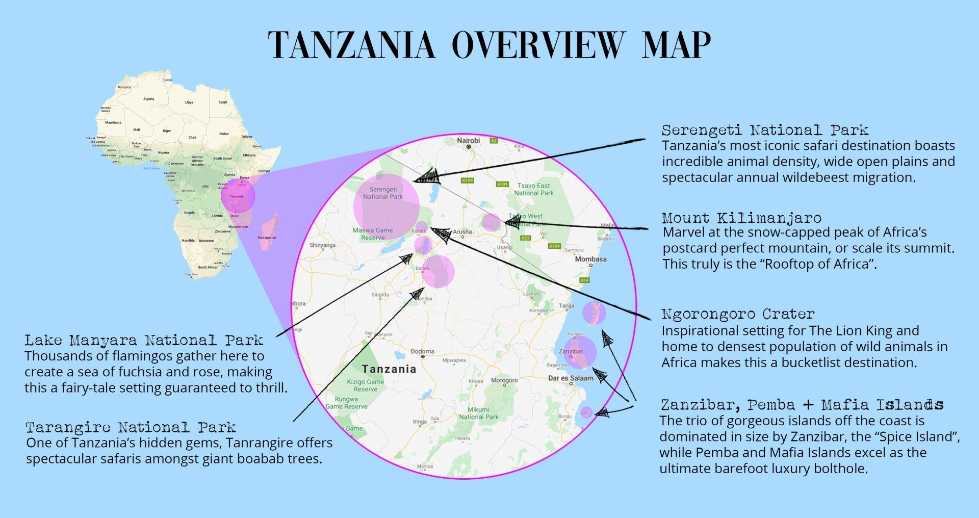 Tanzania country map from The Travel Cafe Cape Town