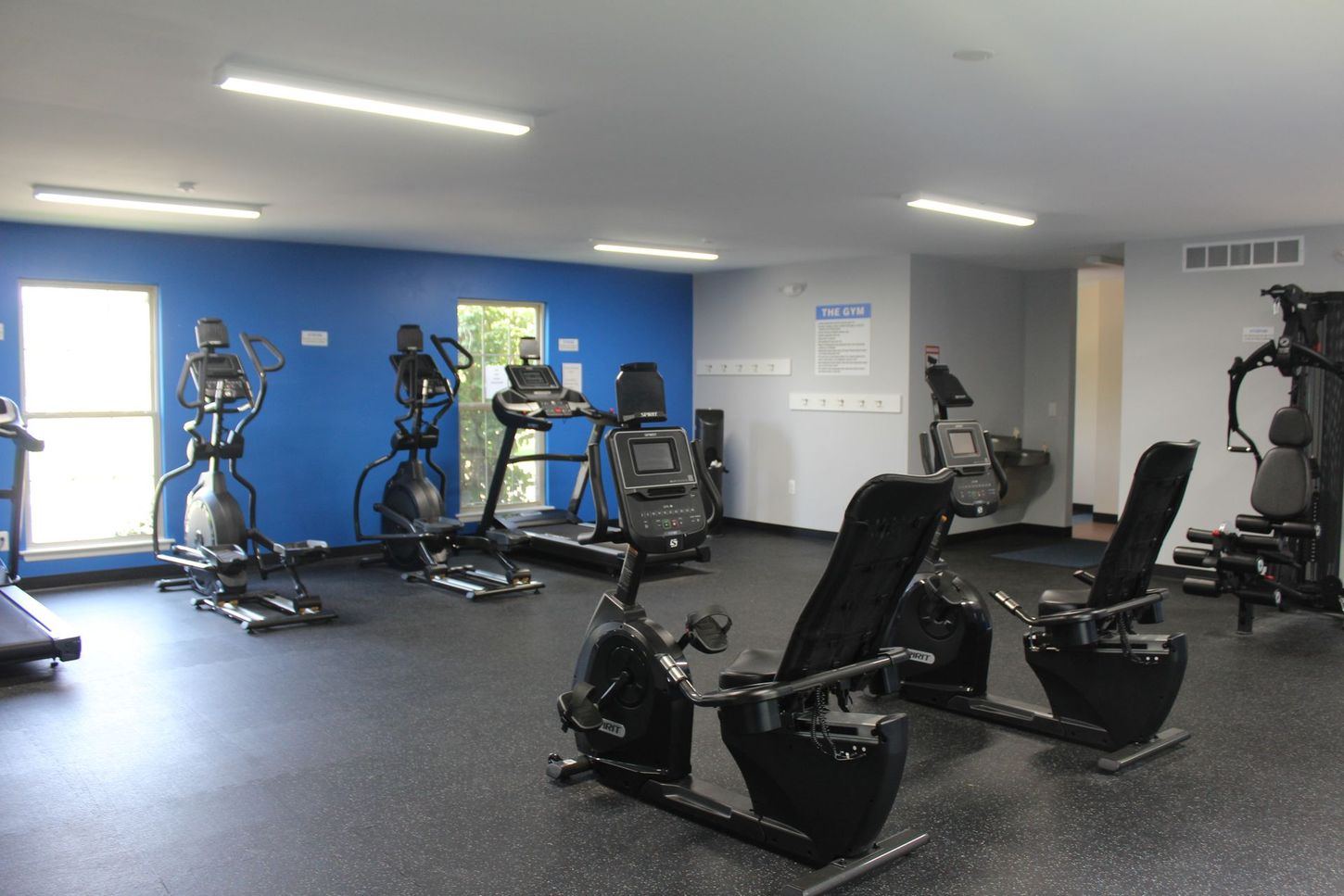 A gym with a lot of equipment and a blue wall