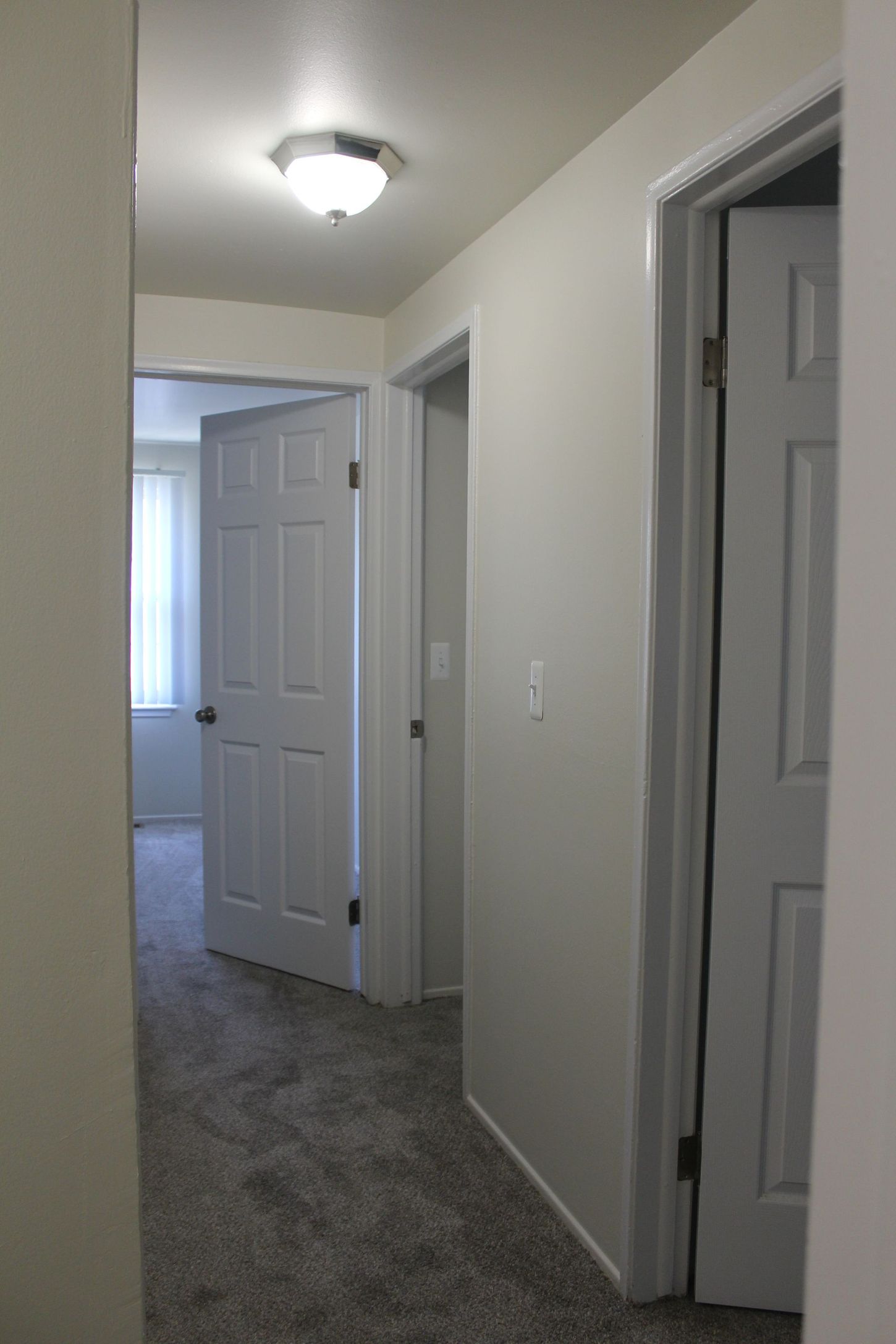 A hallway in a house with white doors and a light on the ceiling.