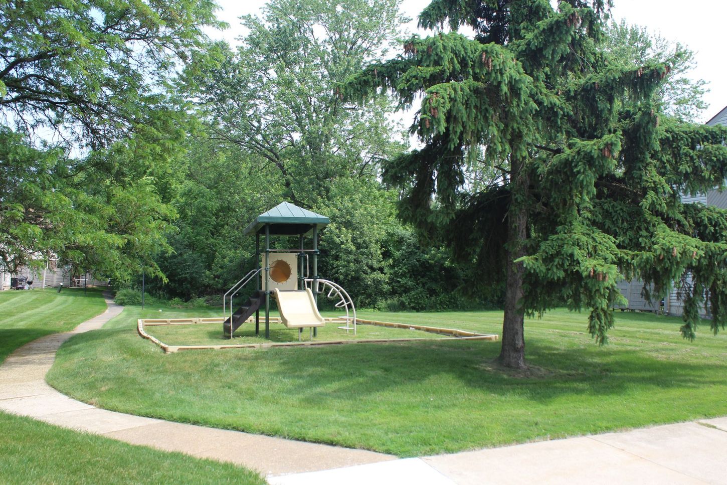 A playground in the middle of a lush green park