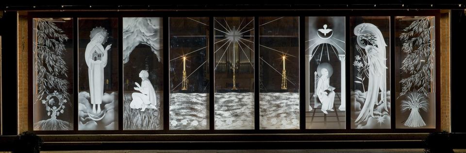 Walsingham Roman Catholic Shrine 9 panel sandblasted glass by Sally Scott