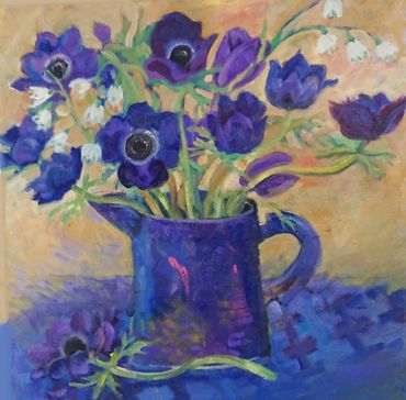 Blue Anenomes oil painting by Sally Scott