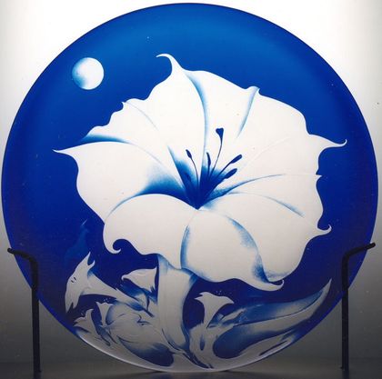 Moon Lily Sandblasted Blue Glass Disc by Sally Scott