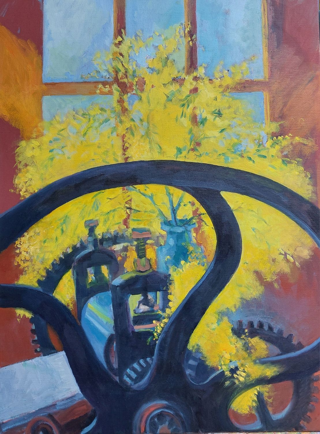 Sally Scott Original Artwork Oil Painting Studio view with antique etching press and mimosa