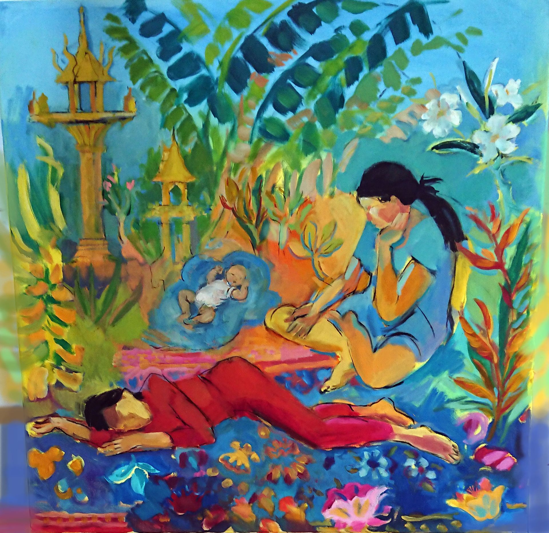 Sally Scott Original Artwork Oil Painting Studio view with antique etching press and mimosa