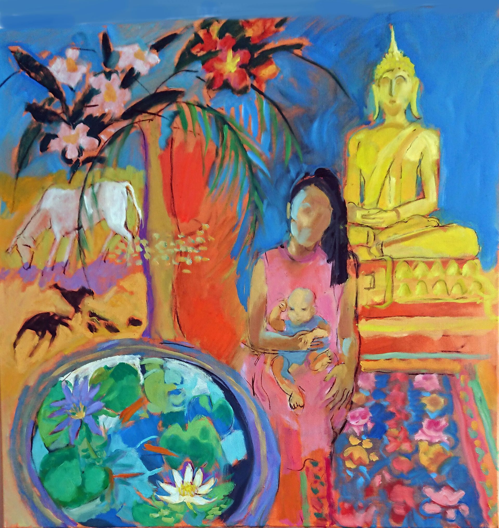 Sally Scott Original Artwork Oil Painting Semi Abstract Triptych based on trip to Thailand