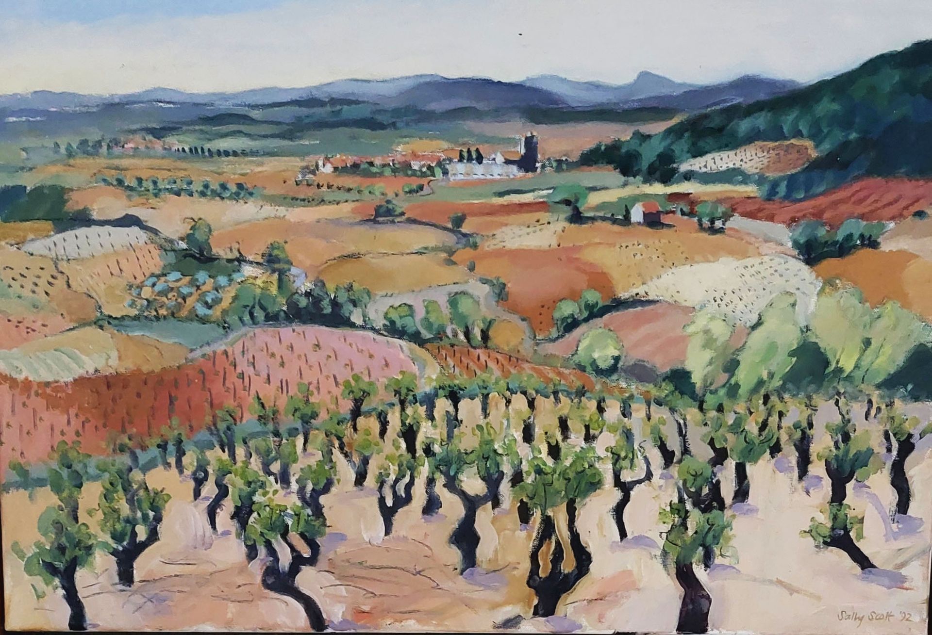 Oil Painting of French village, vines and landscape by Sally Scott
