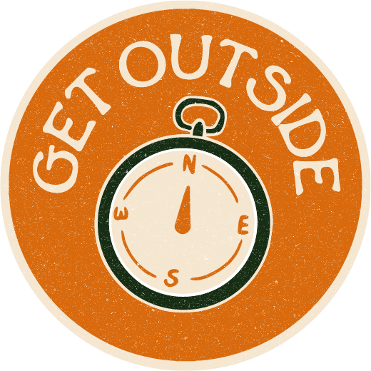 Orange circular badge with white text “GET OUTSIDE” around a compass icon.