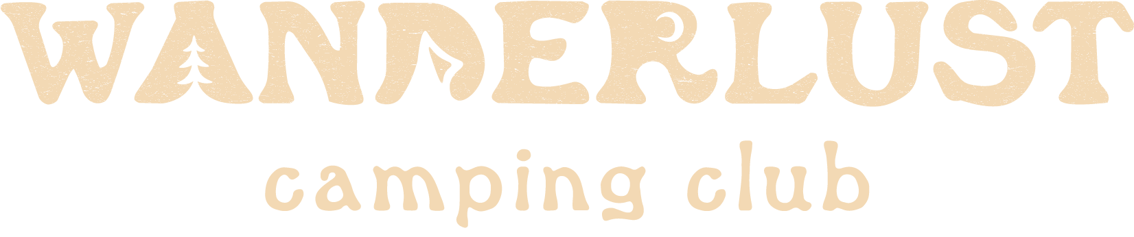 WANDERLUST camping club logo in tan text on a white background