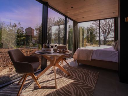 Modern bedroom with floor-to-ceiling windows, a lounge chair, and a small table overlooking a garden at sunset