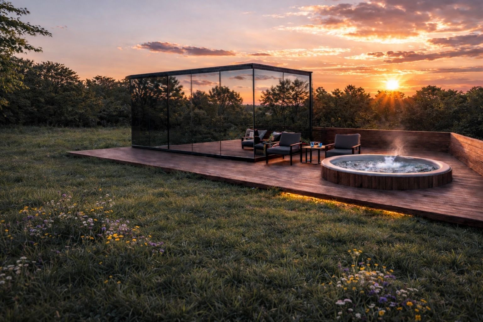 Sunset over a backyard patio with a screened gazebo, seating, and a round fire pit beside a grassy lawn