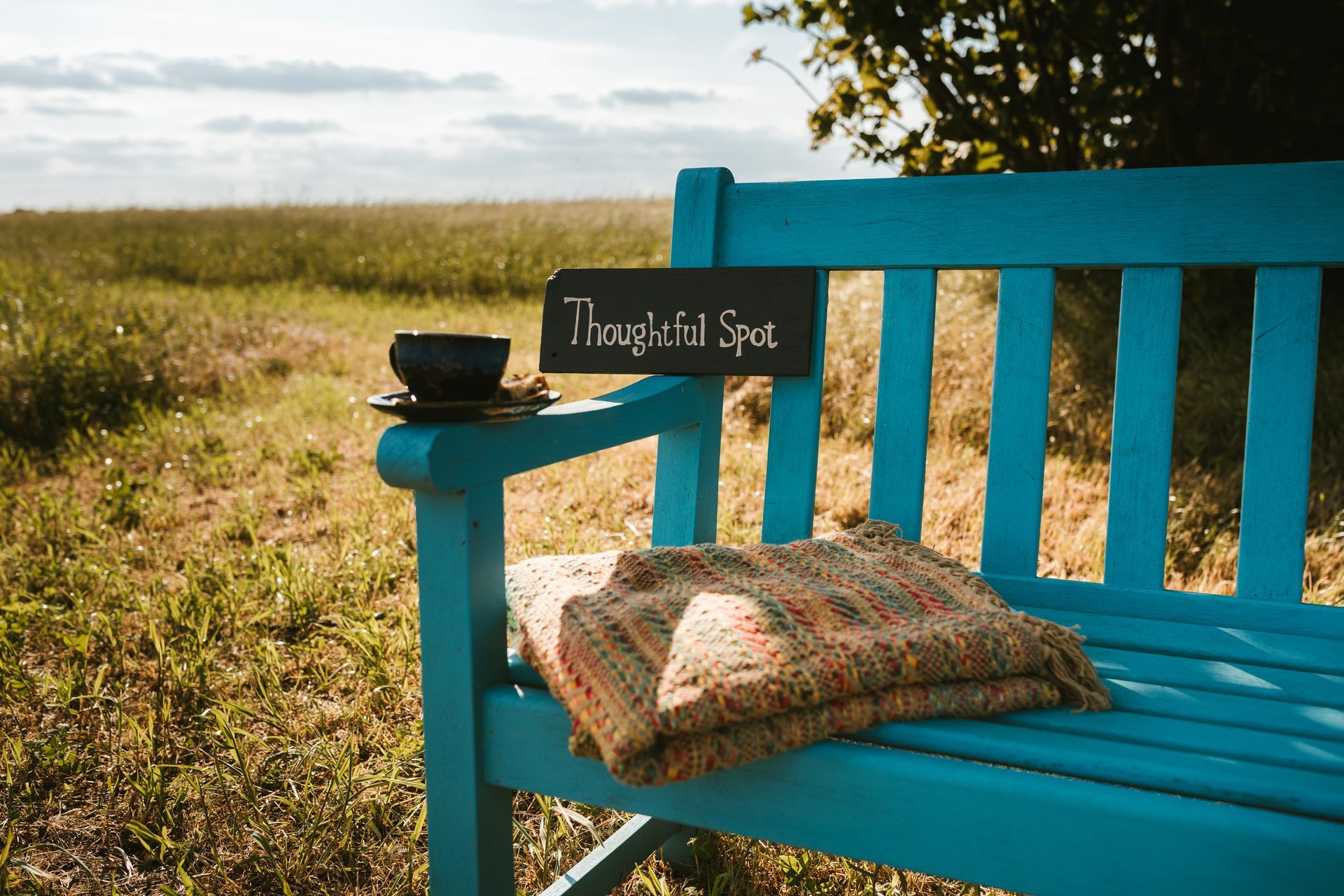 Turquoise bench with woven cushion in a sunny field beside a small sign reading “Thoughtful Spot”