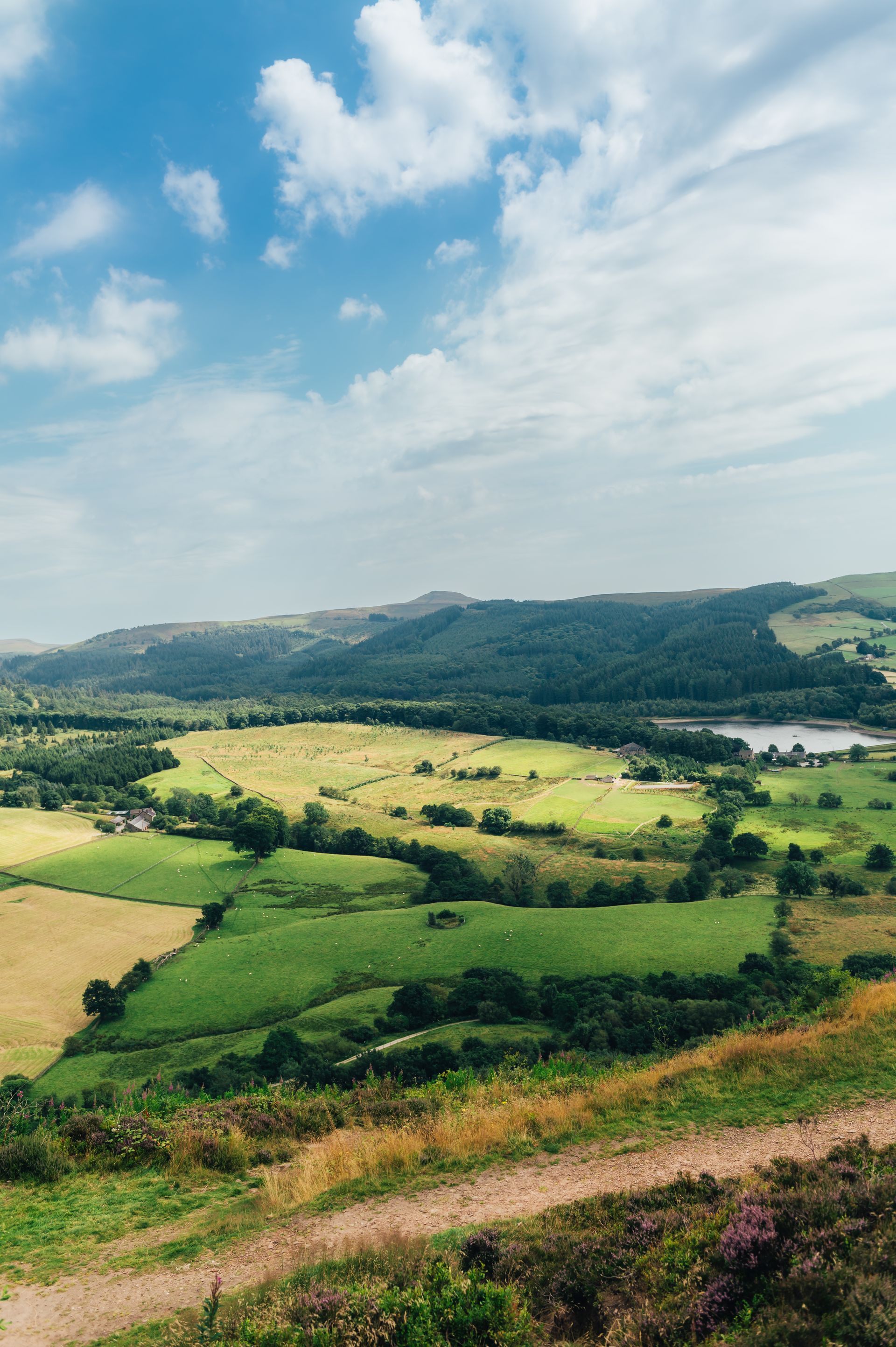 Rolling green farmland and hills under a partly cloudy blue sky