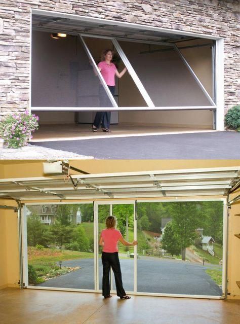 A woman in a pink shirt is opening a garage door