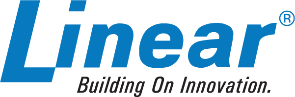 A blue and white logo for linear building on innovation