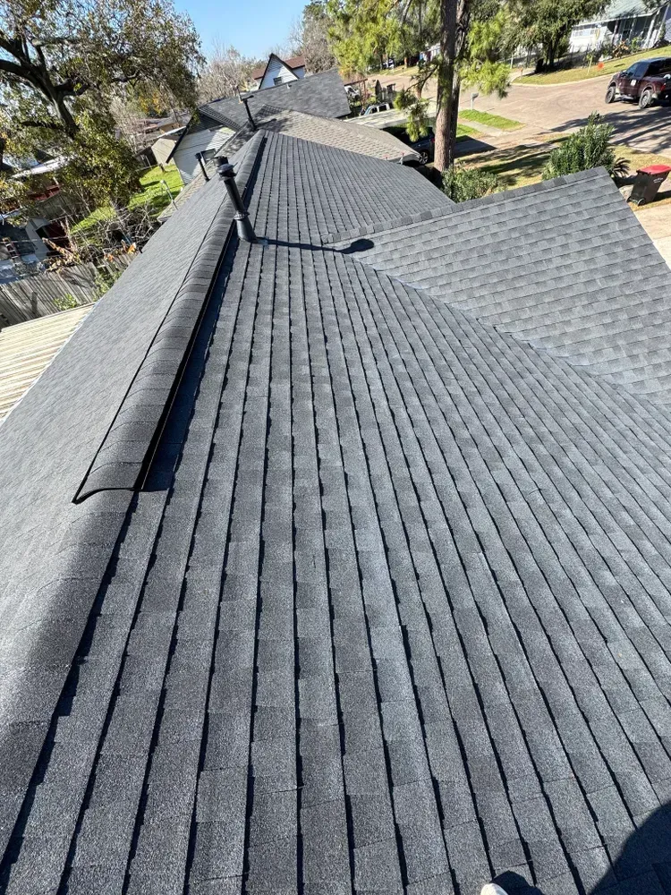 Black asphalt shingle roof on a house with a ridge vent, set against a residential backdrop.