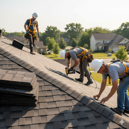 Three roofers in harnesses installing shingles on a rooftop of a house.