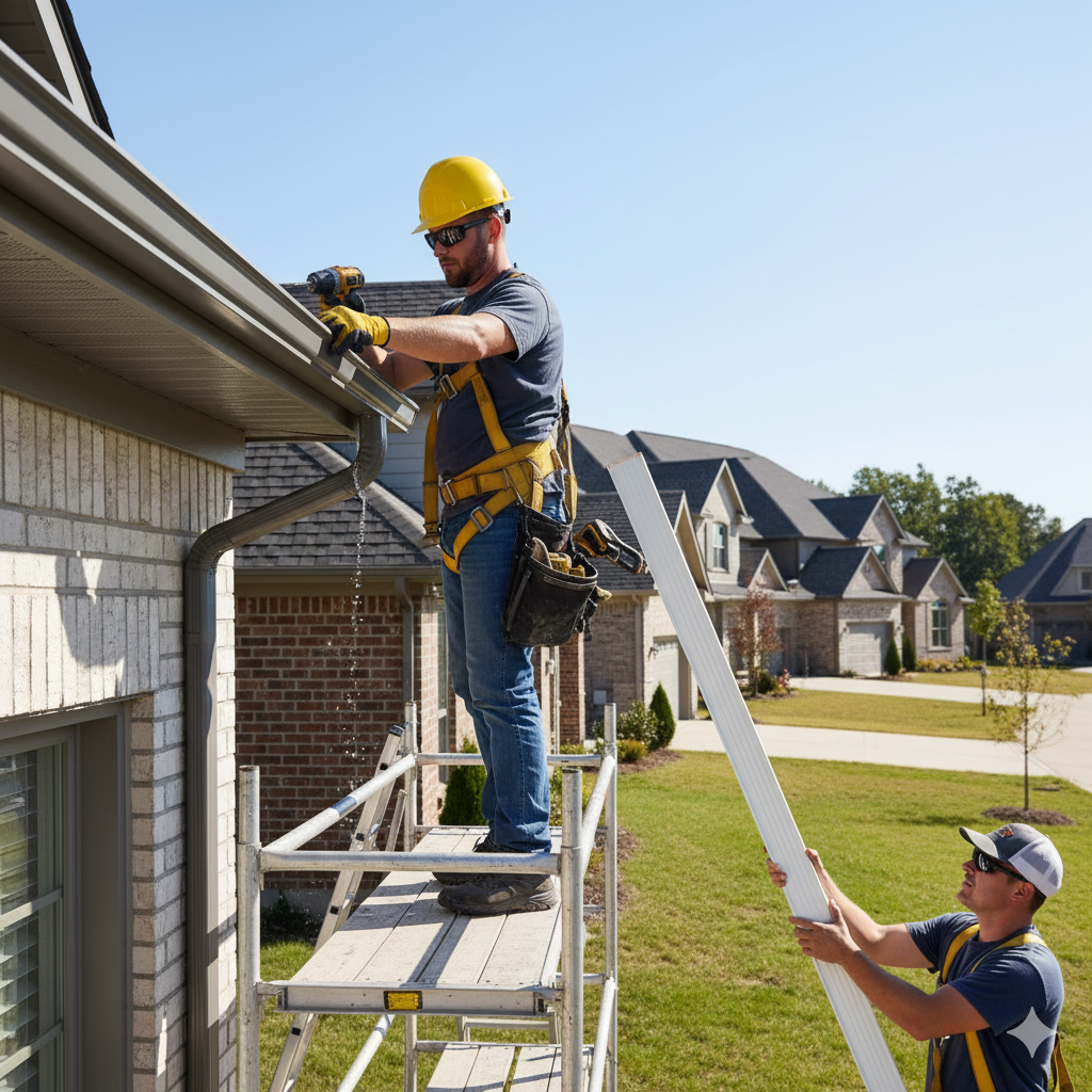 Two construction workers installing a gutter on a residential building, sunny day.