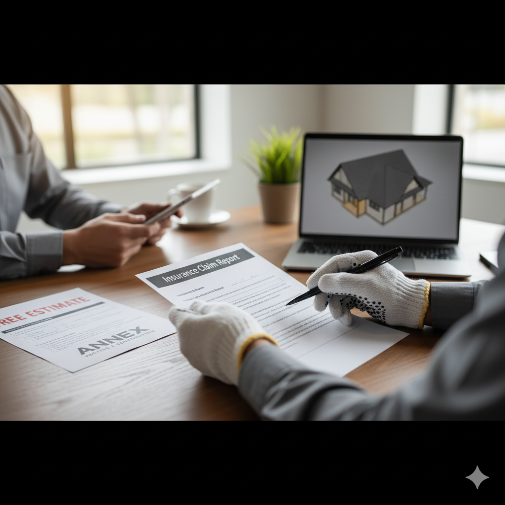 Two people reviewing documents at a desk, one with a pen, a laptop with a house design, and a small plant.