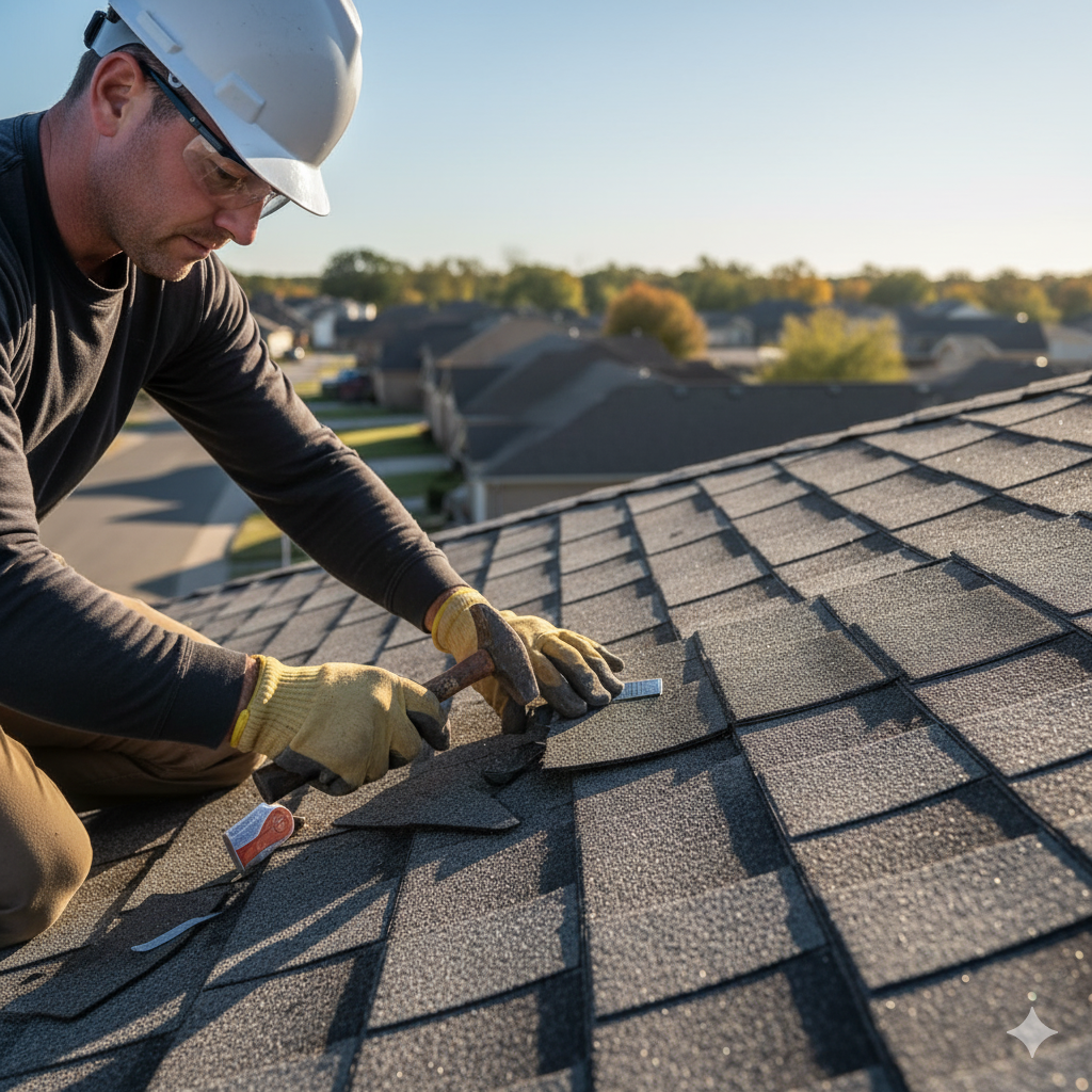 Roofer in a white hard hat installing shingles on a dark roof.