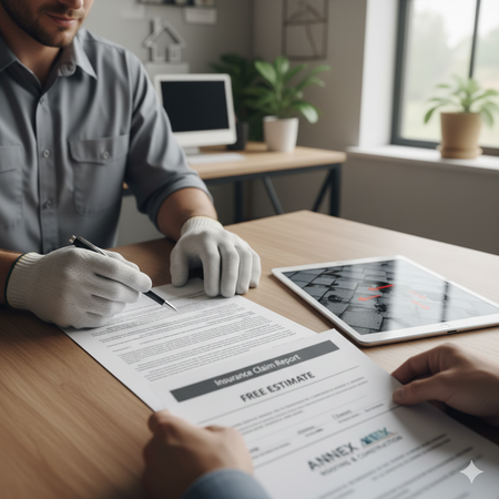 Man in gloves reviewing an insurance claim report with another person at a desk.