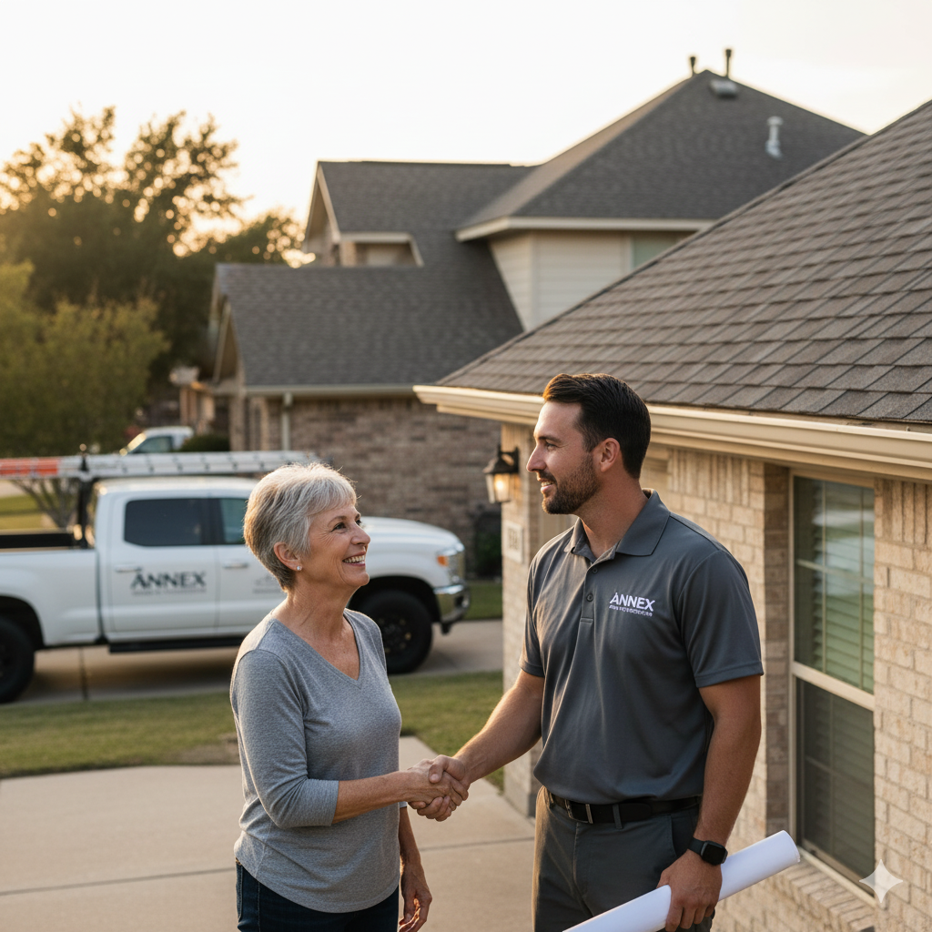 Woman shaking hands with a man in front of a house; truck in background.