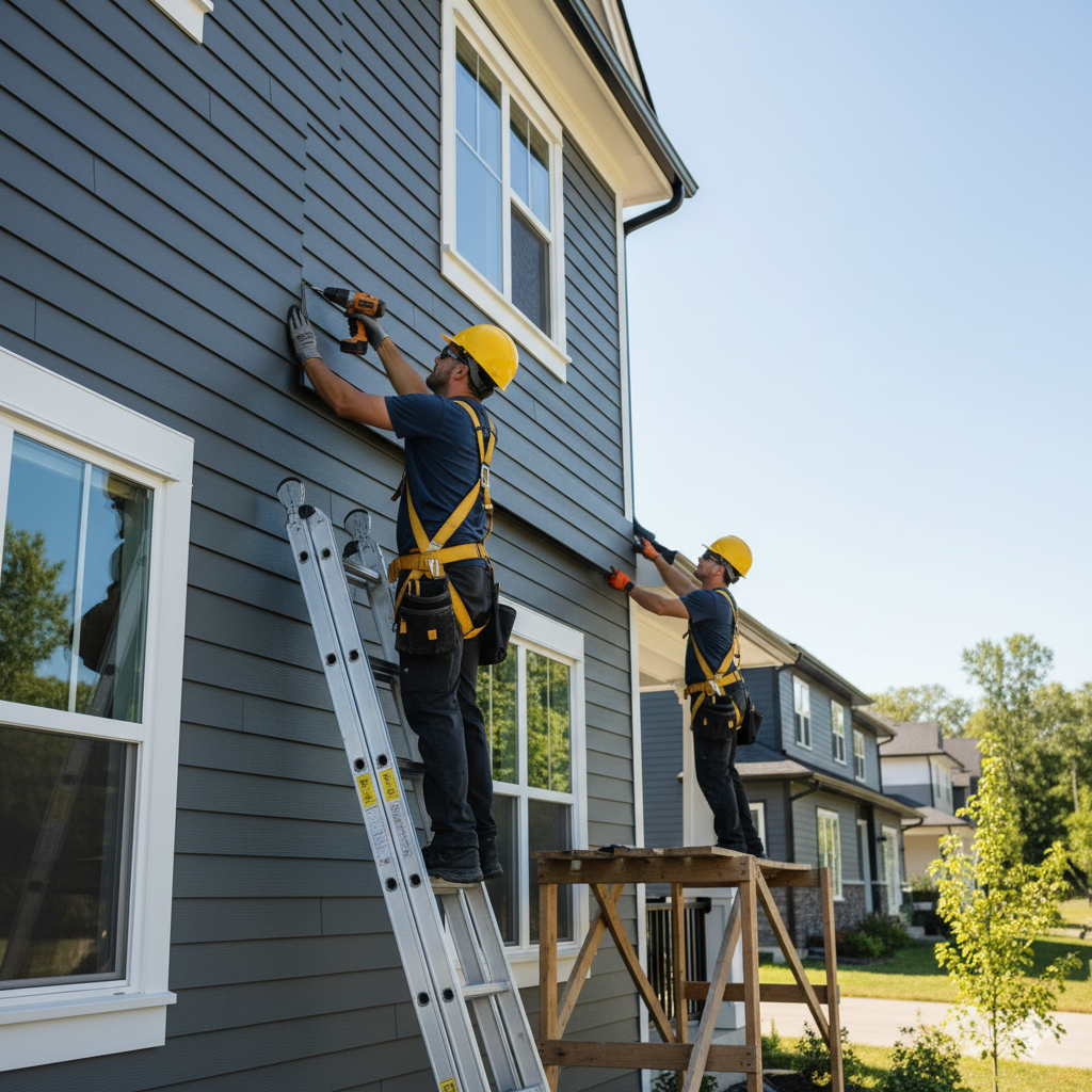 Two workers installing siding on a blue-gray house exterior. One on a ladder, other on a platform, wearing safety gear.
