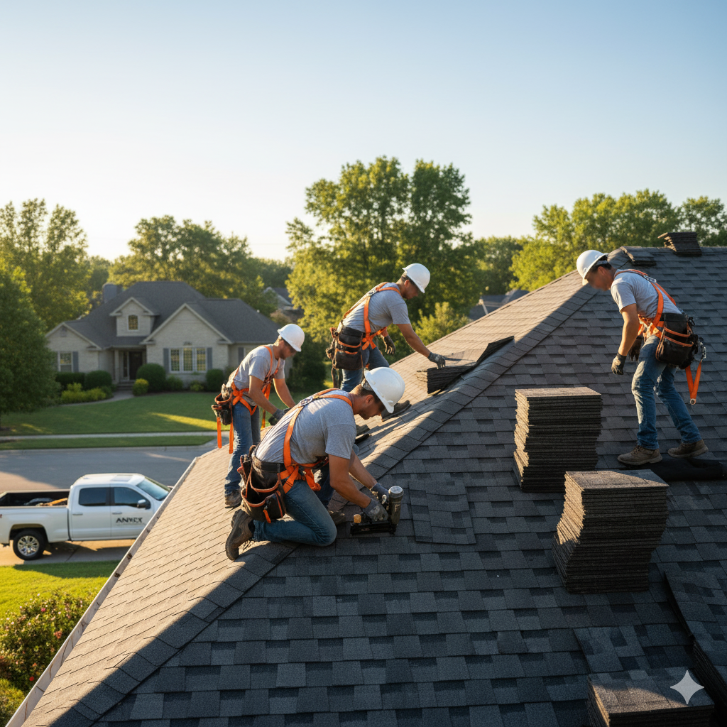Roofing crew installing shingles on a house roof; sunny day, safety gear, neighborhood background.