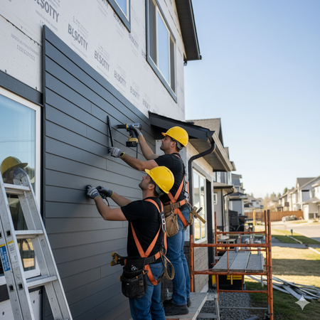 Two construction workers in hard hats installing black siding on a house exterior.