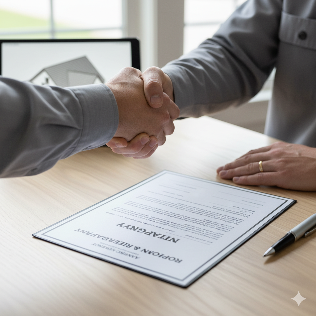 Two men shaking hands over a contract on a desk, possibly for a property agreement.