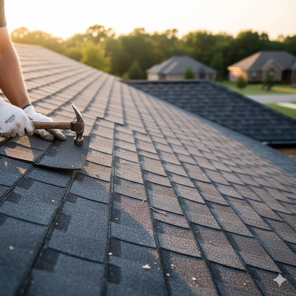 Person in gloves hammering shingles on a roof with a suburban backdrop.